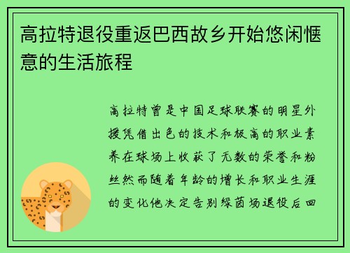 高拉特退役重返巴西故乡开始悠闲惬意的生活旅程