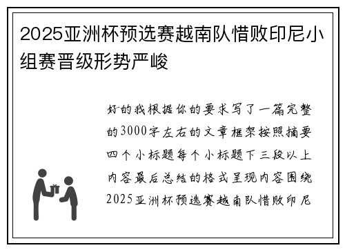 2025亚洲杯预选赛越南队惜败印尼小组赛晋级形势严峻 2025亚洲杯预选赛越南队惜败印尼小组赛晋级形势严峻